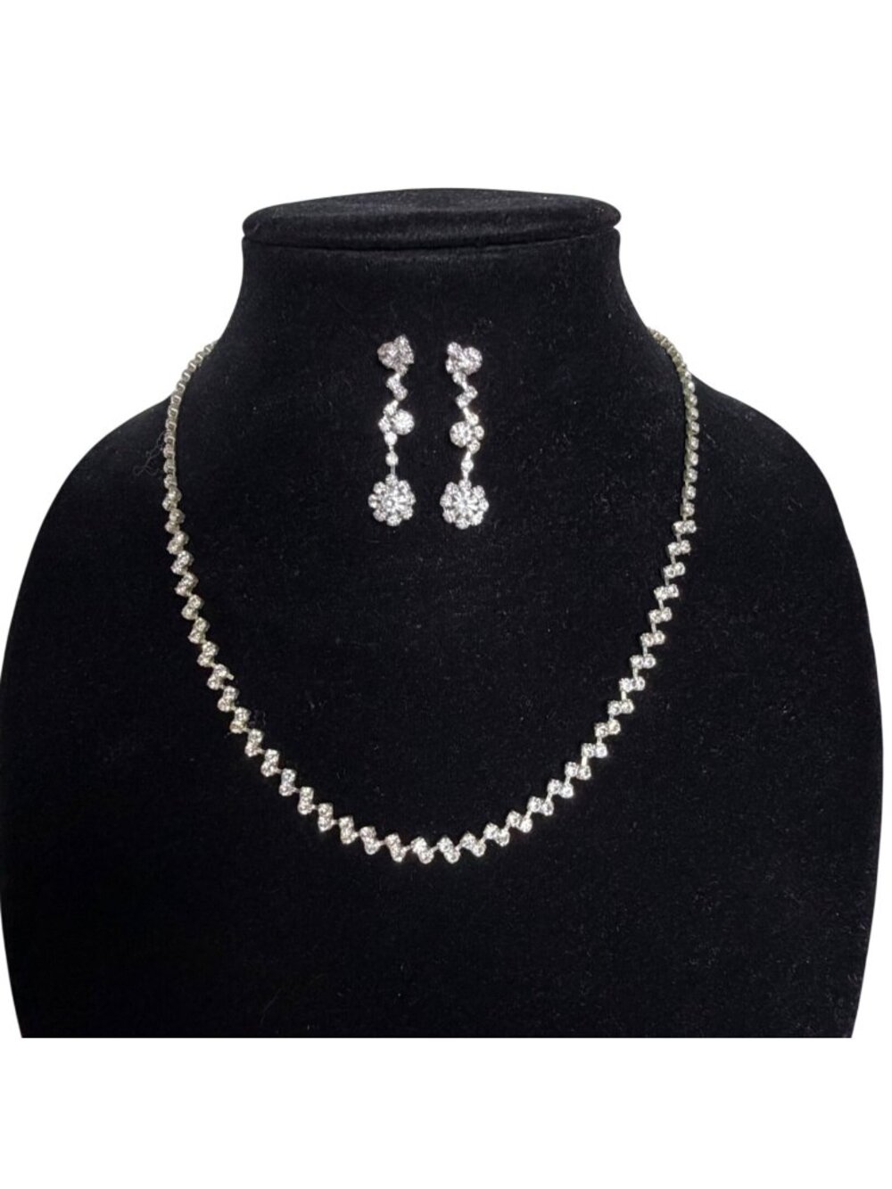 Rhinestone Necklace Floral Drop Earrings Set Silver Tone Bridal Wedding Sparkly